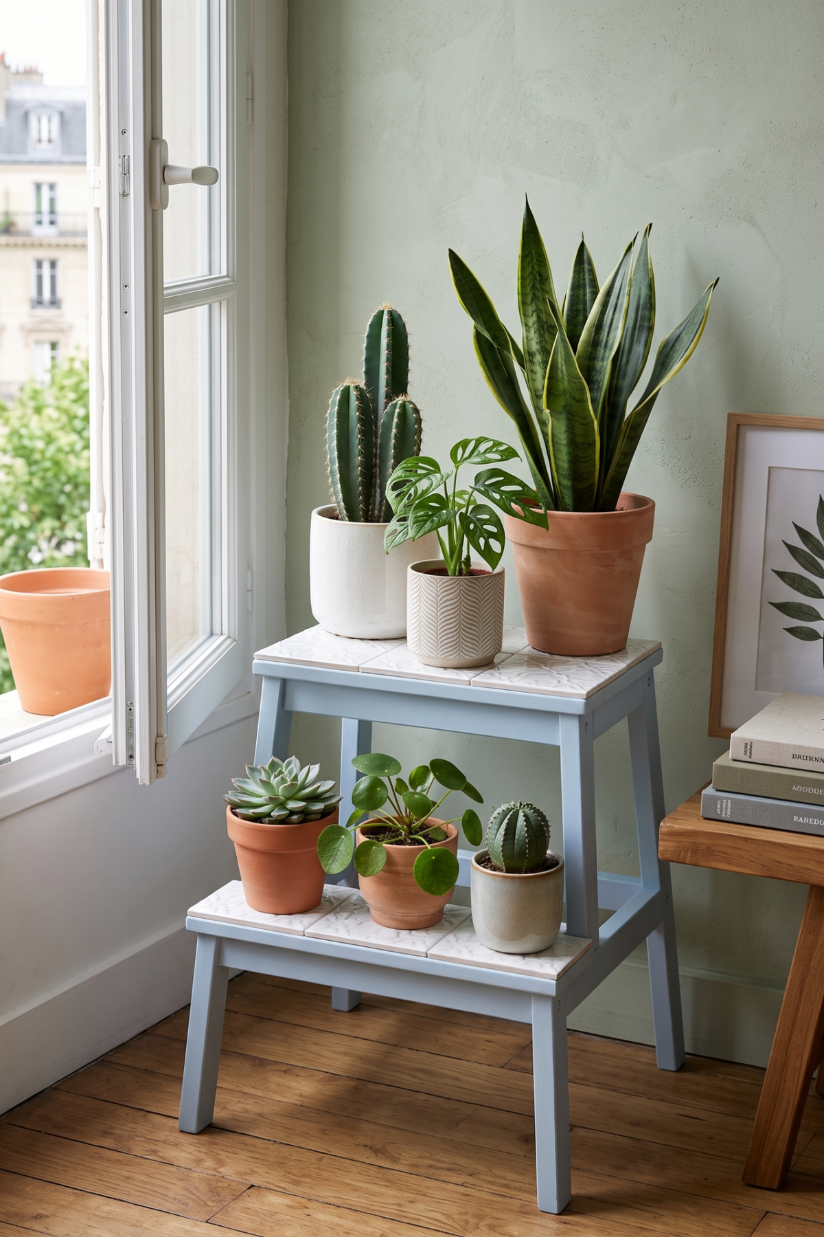 Marche-pied BEKVÄM transformé en étagère pour plantes avec carrelage blanc et pieds bleu pastel