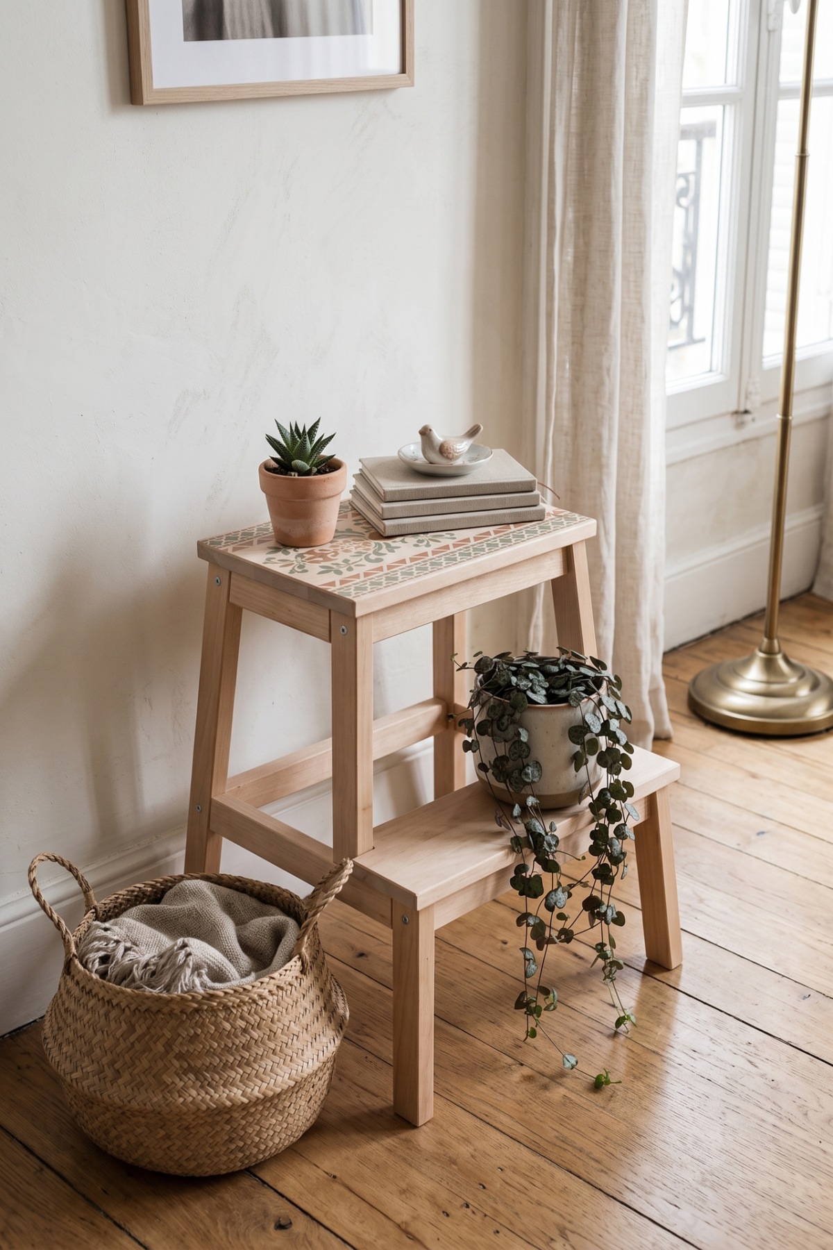 Marche-pied BEKVÄM brun transformé en support pour plante dans un décor bohème