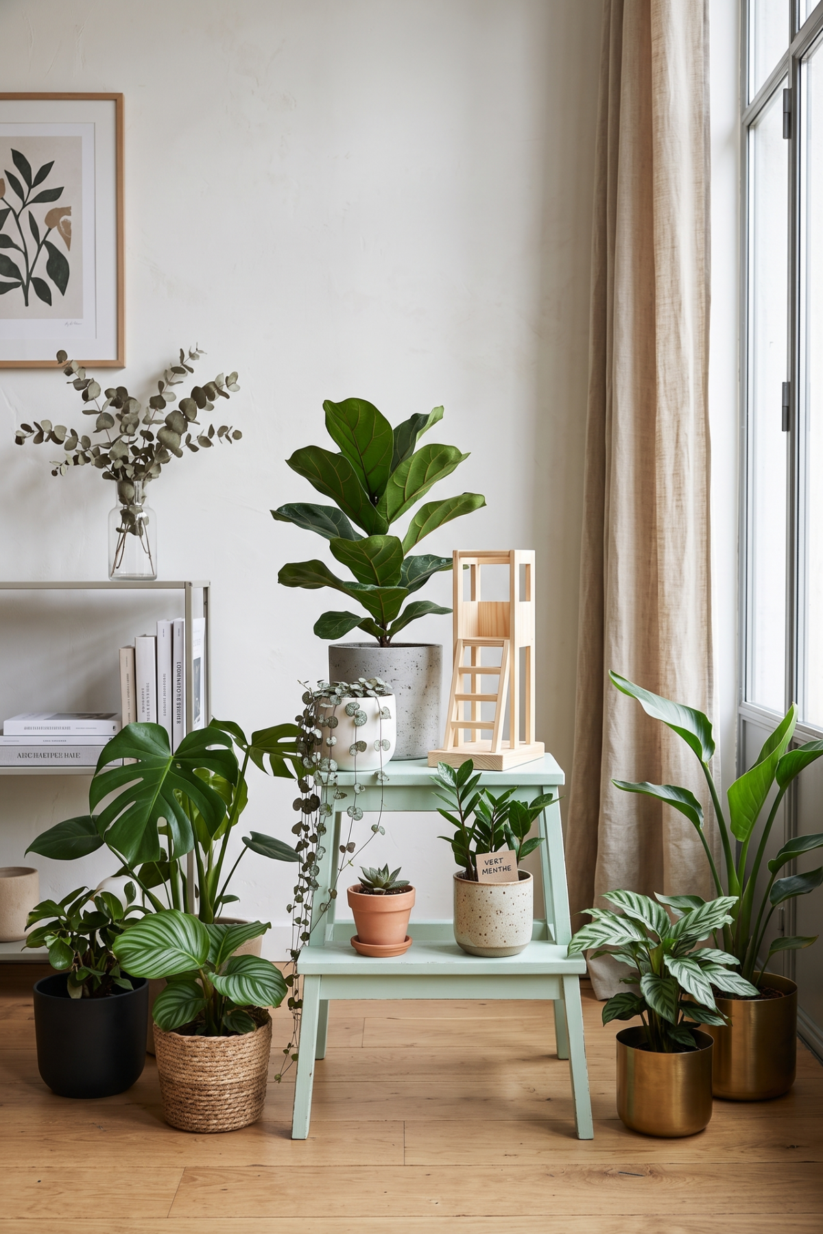 Marche-pied BEKVÄM vert menthe utilisé comme support pour plantes dans un décor Urban Jungle