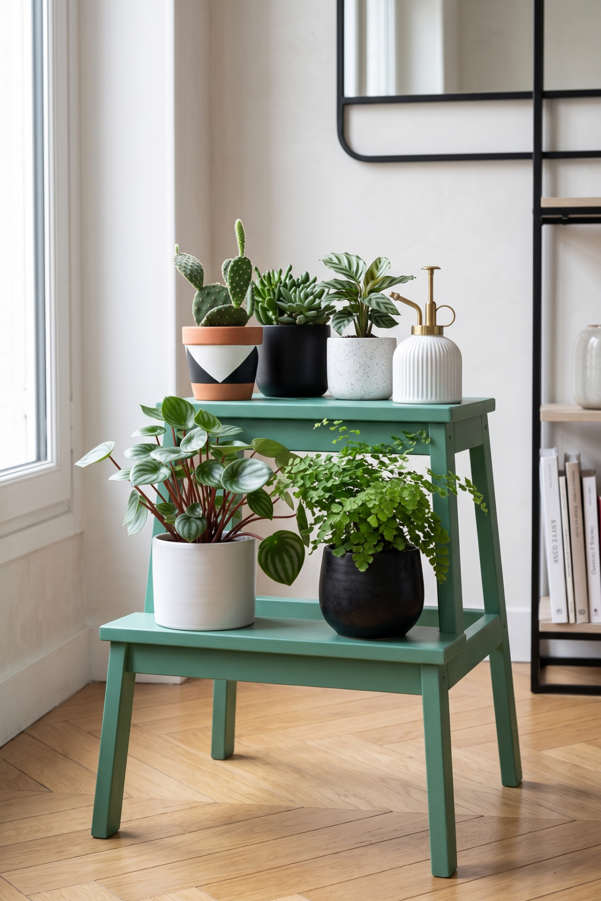 Marche-pied BEKVÄM vert jade avec cache-pots blanc et noir