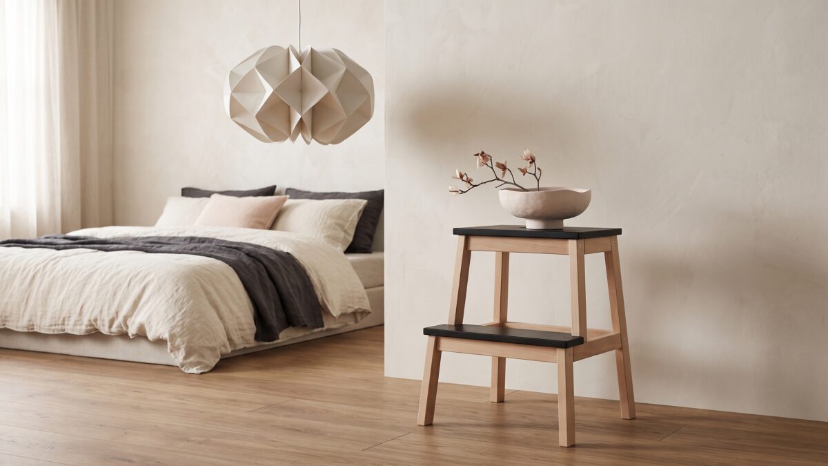 Marche-pied noir et bois naturel dans une chambre contemporaine