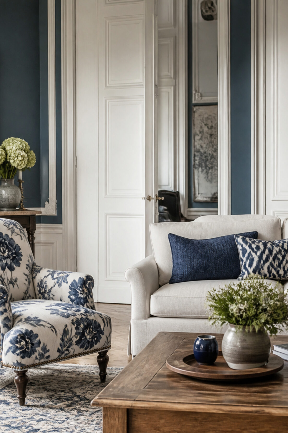 Salon élégant associant un fauteuil fleuri, un coussin ikat et un textile uni