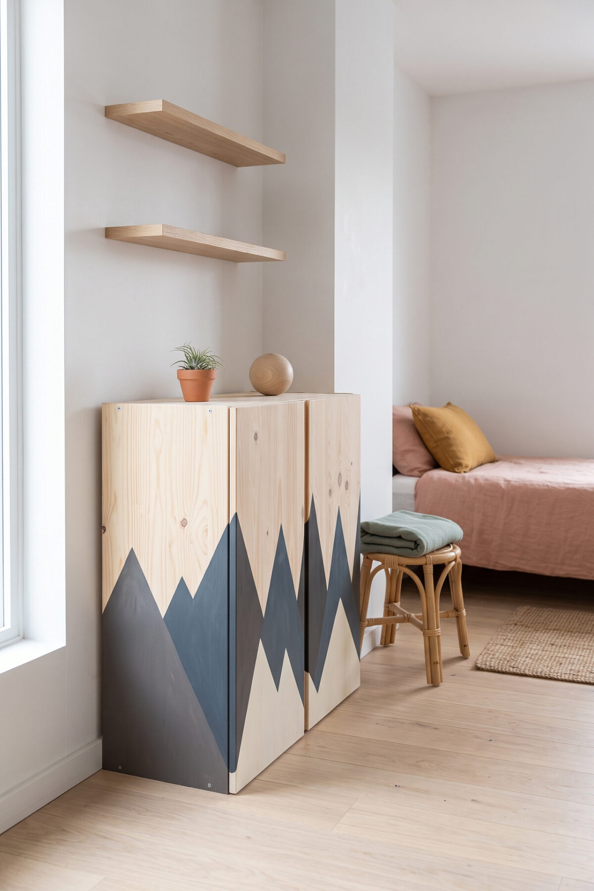 Meuble IKEA en bois peint avec motif montagne bleu et blanc