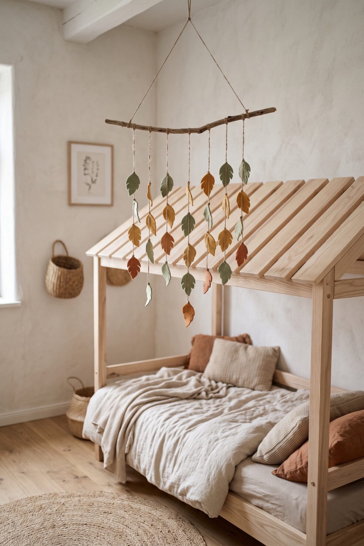 Mobile en branches et feuilles de feutrine au-dessus d’un lit cabane d’enfant