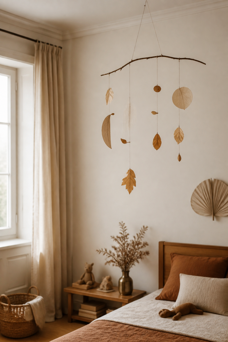 Mobile fait main avec une branche et des feuilles séchées suspendu dans une chambre d’enfant lumineuse