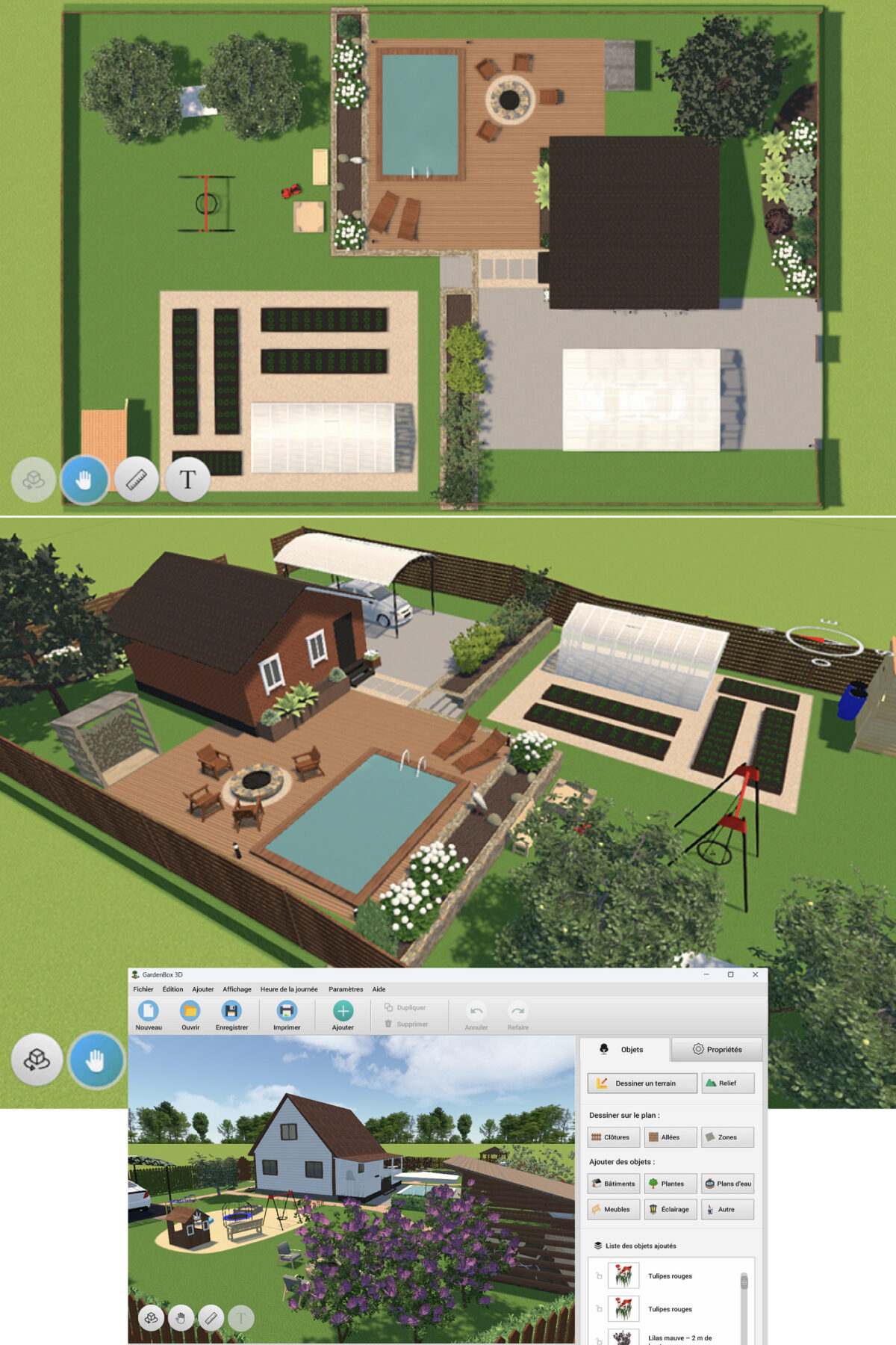 Montage montrant un plan de jardin vu du dessus et deux vues 3D d’un aménagement avec piscine, terrasse, potager et aire de jeux dans GardenBox 3D.