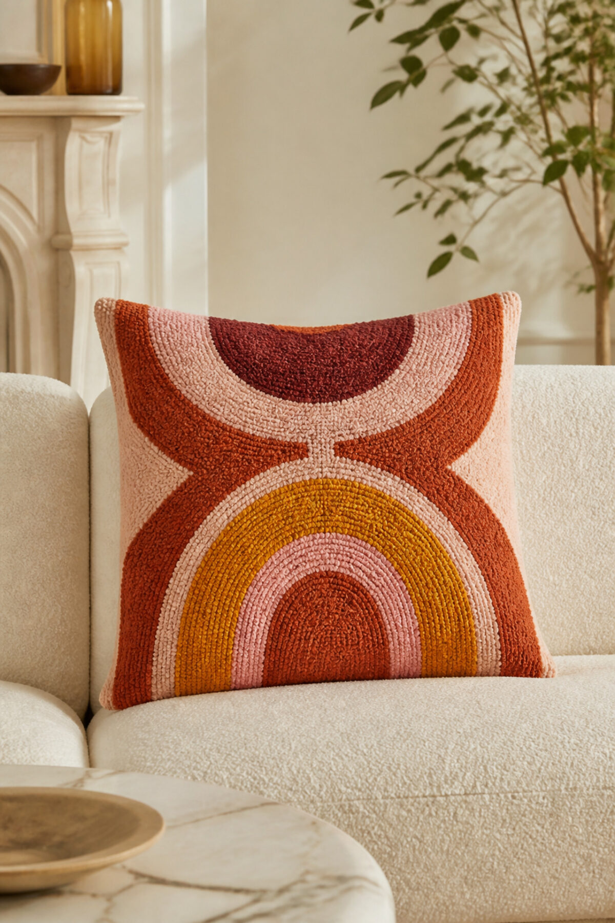 Coussin en Punch Needle avec un motif d’arcs colorés