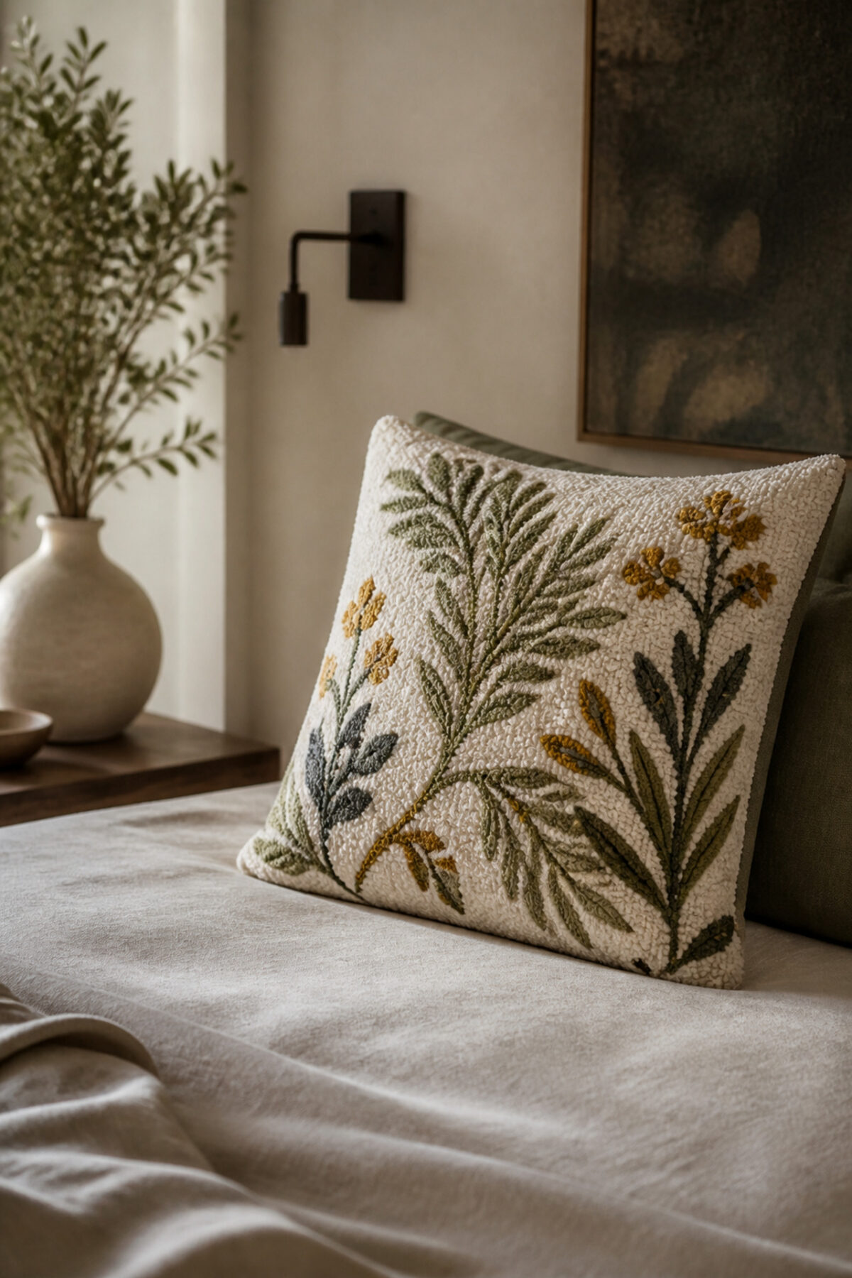 Coussin en Punch Needle avec un motif végétal stylisé