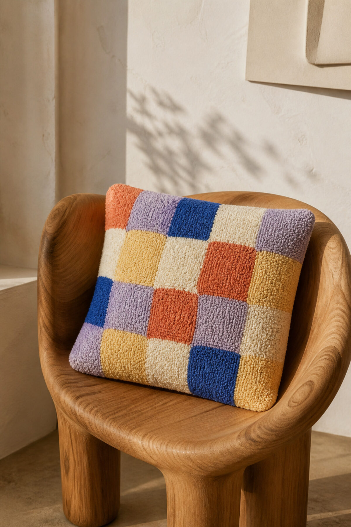 Coussin en Punch Needle avec un motif damier irrégulier
