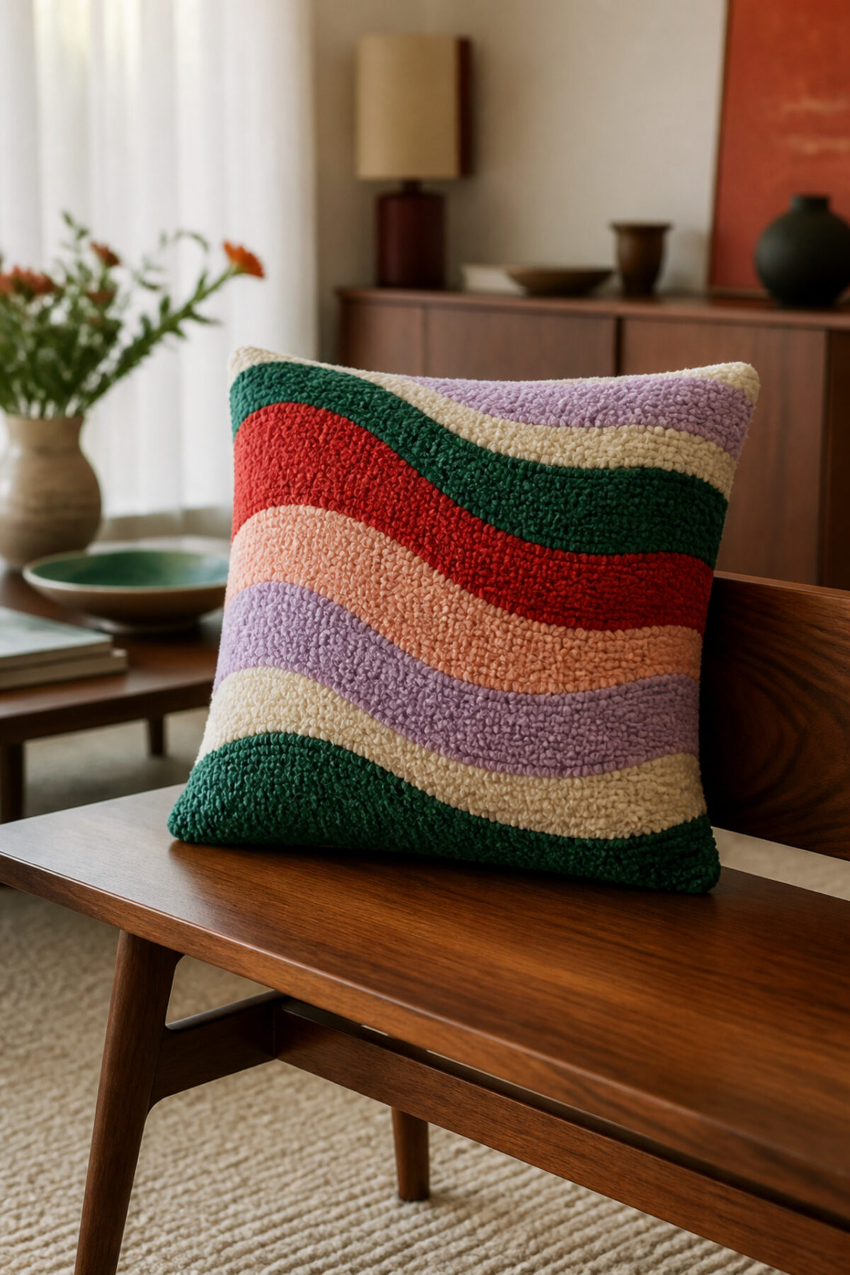 Coussin en Punch Needle avec un motif de vagues multicolores