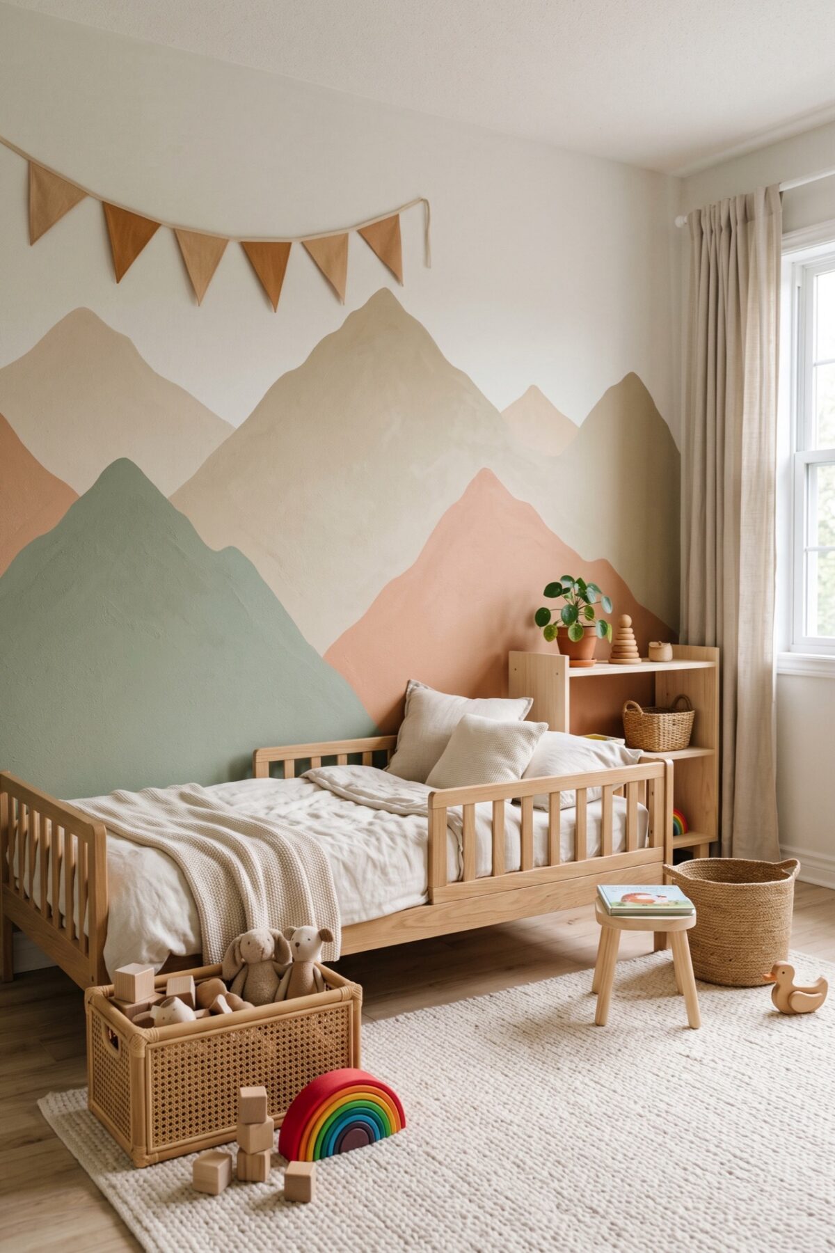 Mur peint avec des montagnes pastel dans une chambre d’enfant