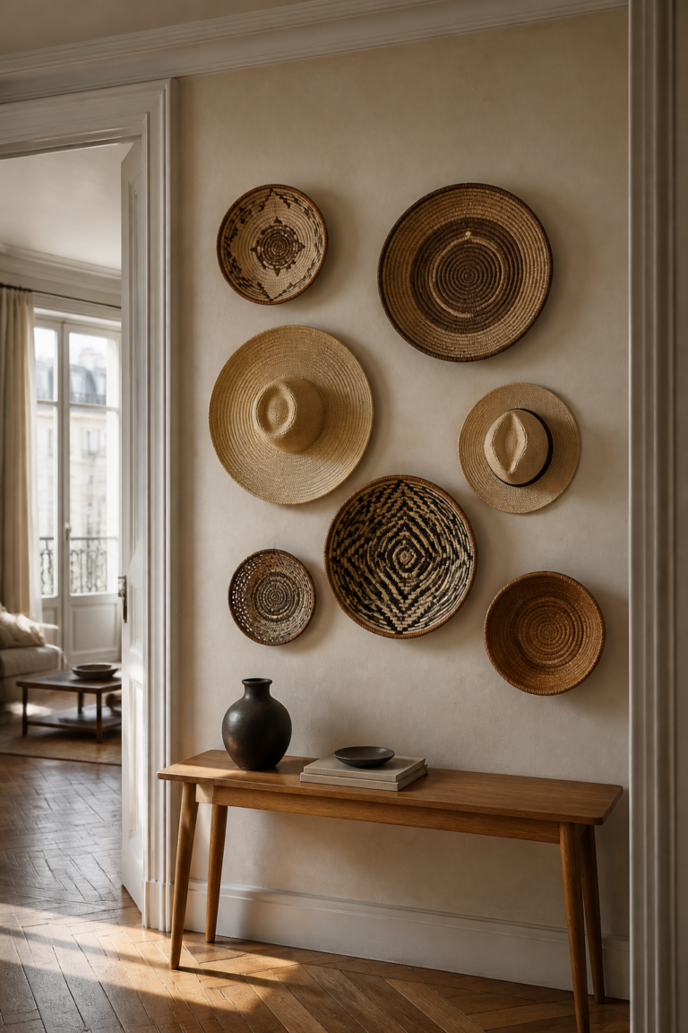 Composition de paniers tressés et de chapeaux en paille au-dessus d’une console en bois dans une entrée parisienne