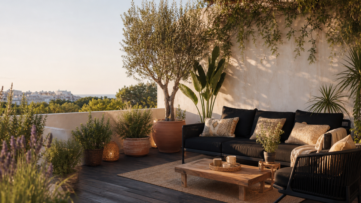 Terrasse extérieure avec canapé noir, fauteuil en rotin, plantes méditerranéennes et pots en terre cuite sur une terrasse en bois
