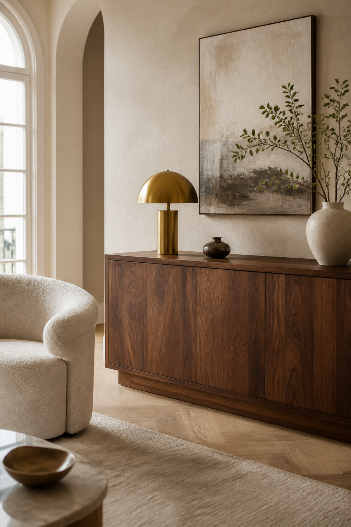 Buffet en noyer foncé dans un salon lumineux aux murs écrus avec fauteuil crème et lampe en laiton