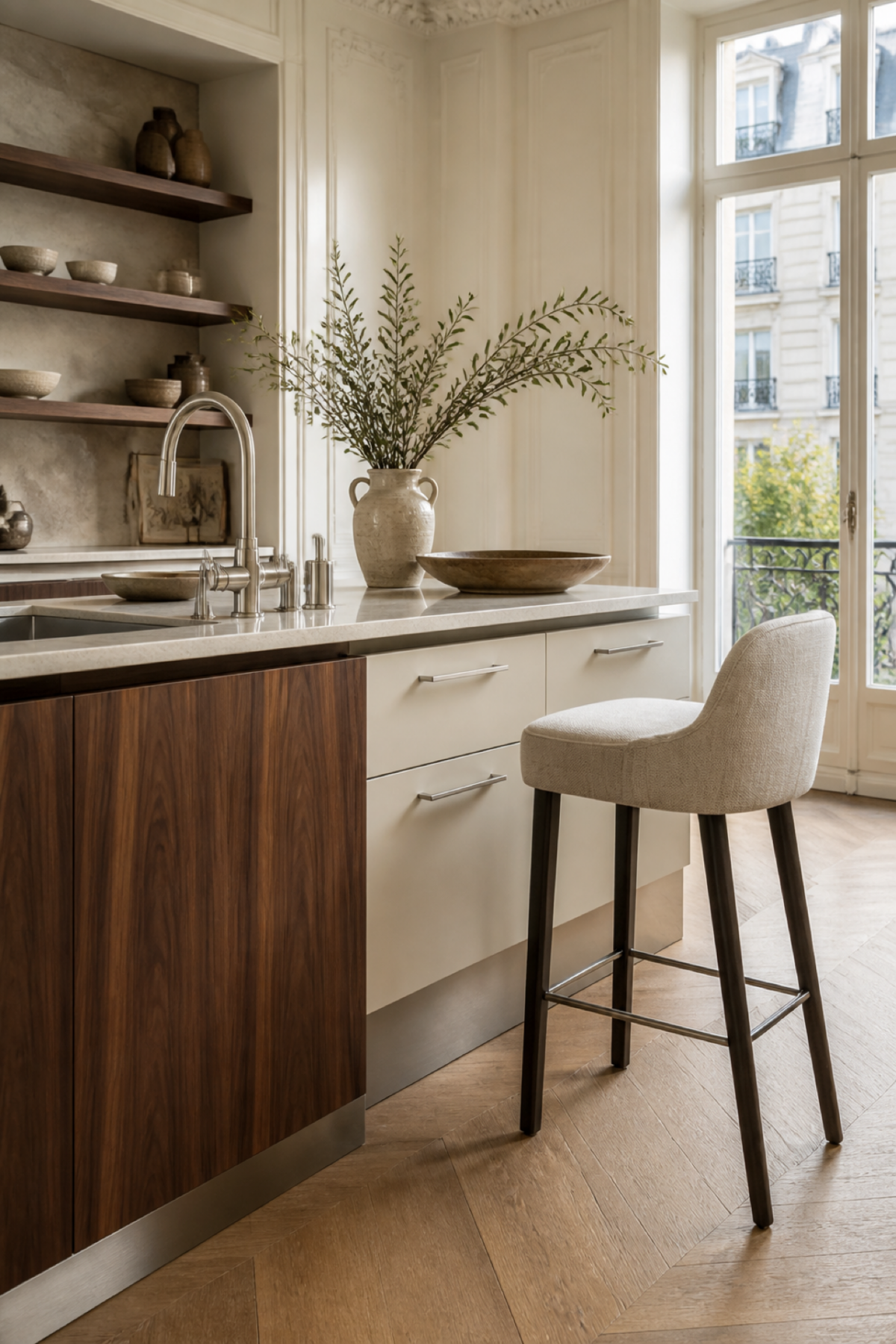 Îlot de cuisine avec façades en noyer, meubles crème et plan de travail en pierre claire