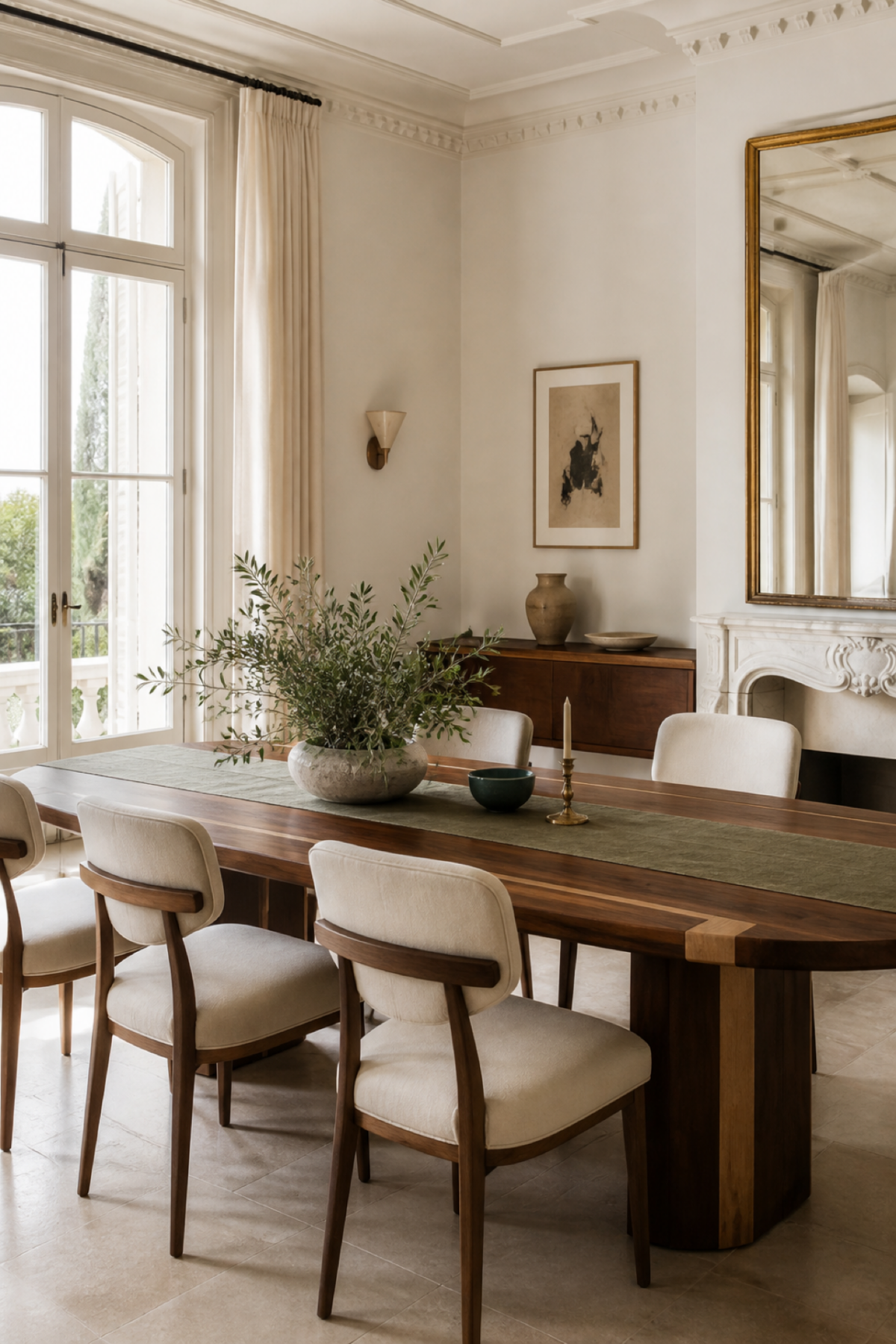 Table à manger en noyer entourée de chaises en tissu écru dans une salle à manger lumineuse