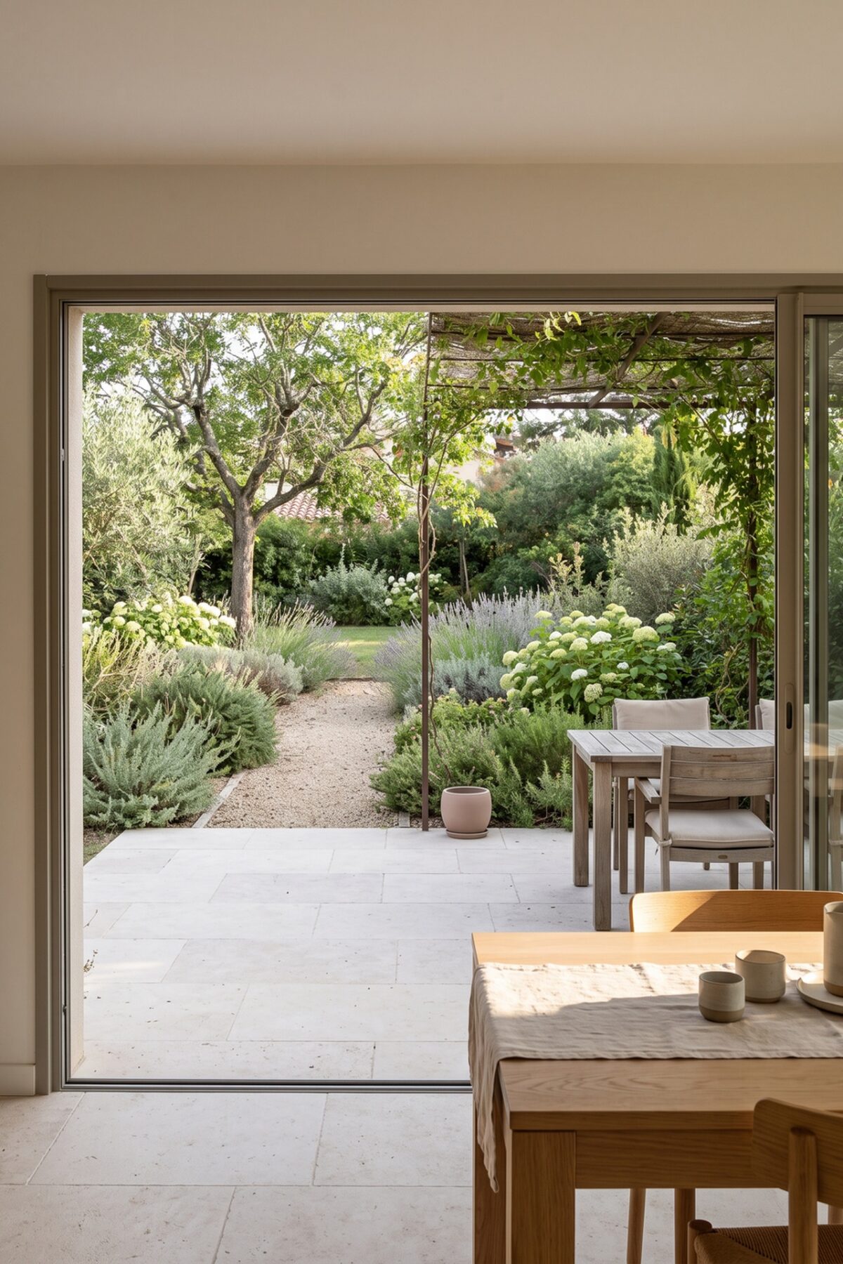 Terrasse de jardin orientée selon le soleil avec des zones d’ombre naturelles