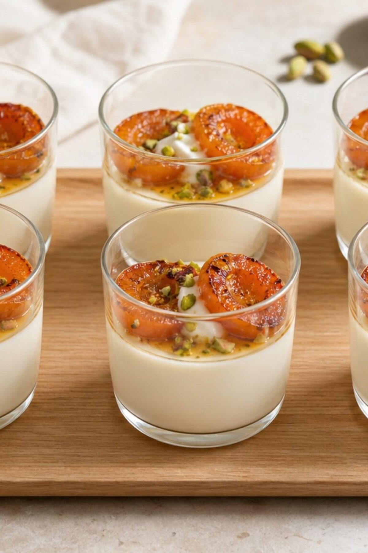 Verrines de panna cotta ivoire à la fleur d’oranger garnies d’abricots rôtis, de pistaches et de miel