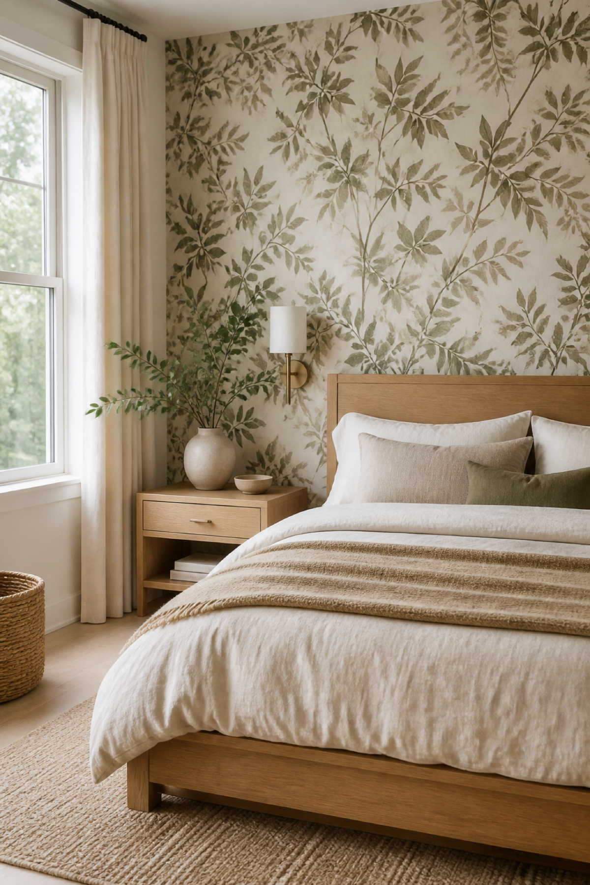 Chambre avec papier peint végétal vert et mobilier en bois clair