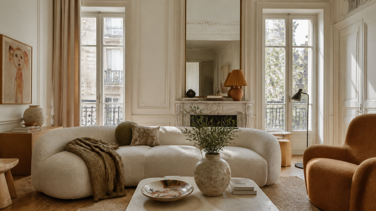 Salon parisien lumineux décoré avec des objets faits main, un plaid texturé et une œuvre réalisée par un enfant