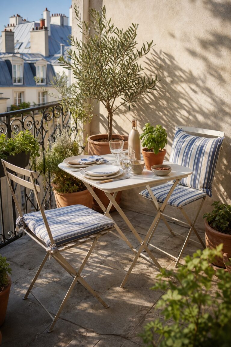 Petit balcon parisien avec table pliante blanche, chaises rayées bleues et plantes méditerranéennes