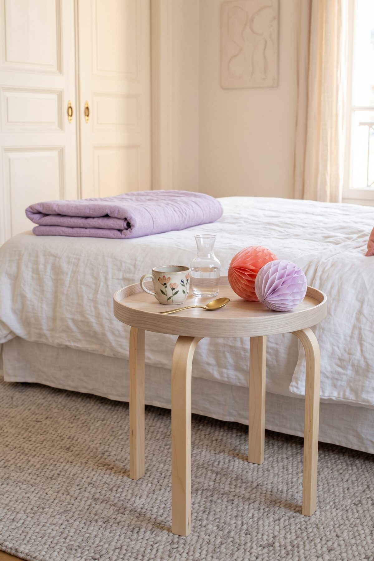 Petite table d’appoint créée avec un tabouret Frosta IKEA dans une chambre