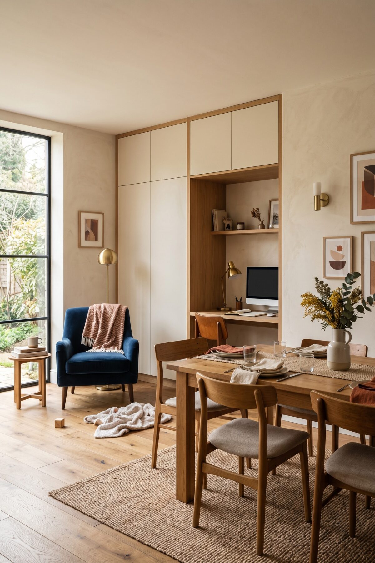 pièce familiale polyvalente avec bureau discret, jeux rangés et bureau intégré