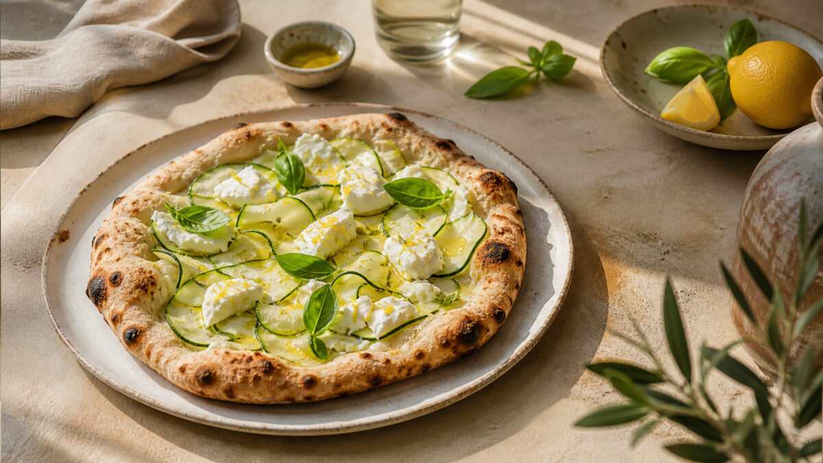 Pizza blanche aux courgettes, burrata et citron cuite au four à pizza, servie sur une table estivale