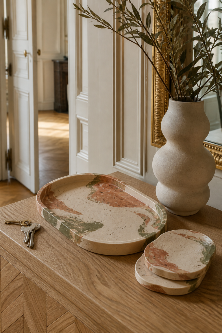 Plateau et dessous-de-verre faits main en Jesmonite dans des tons terracotta, crème et vert olive sur une console en bois