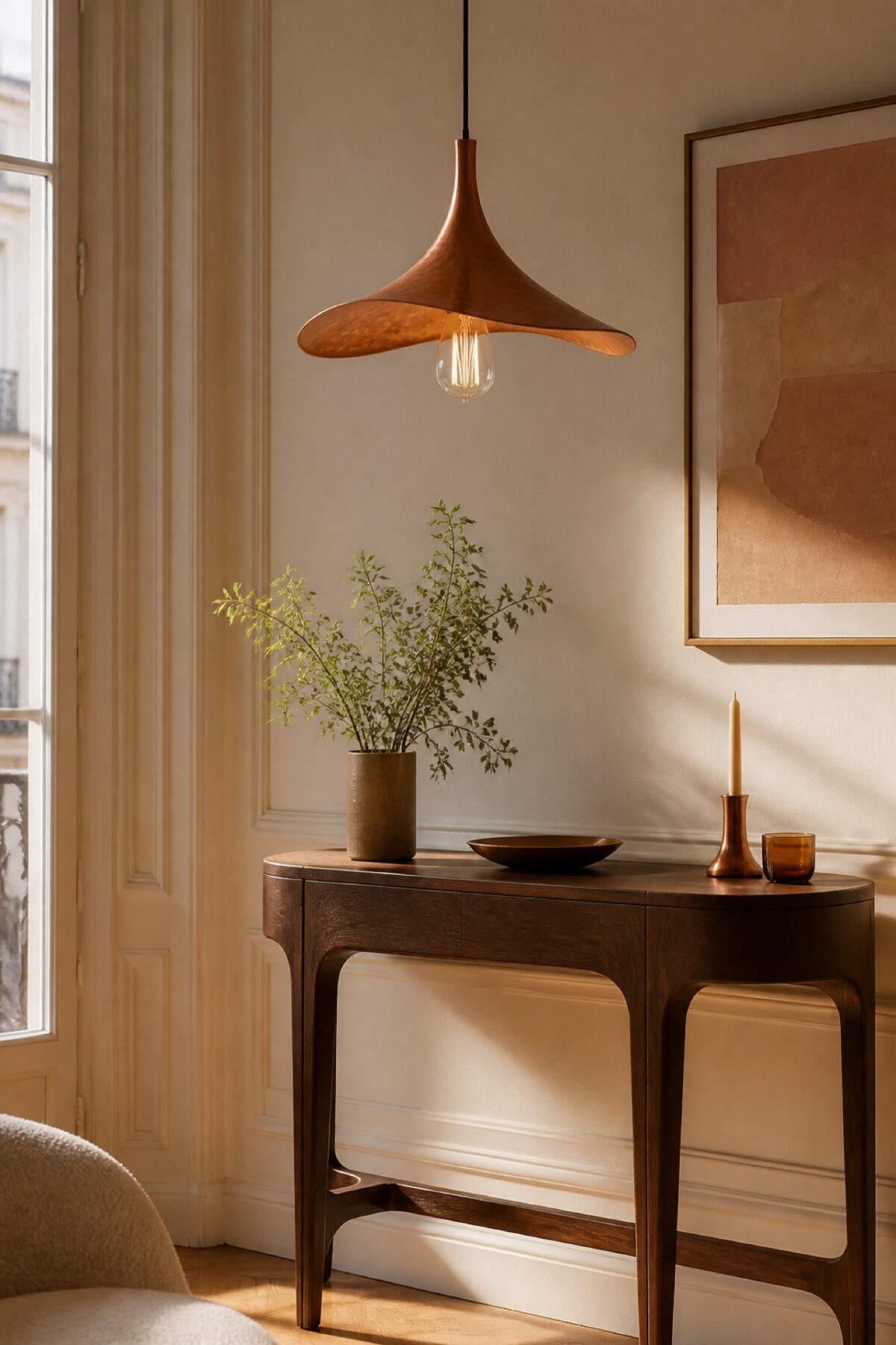 Lampe suspension cuivre dans un intérieur parisien
