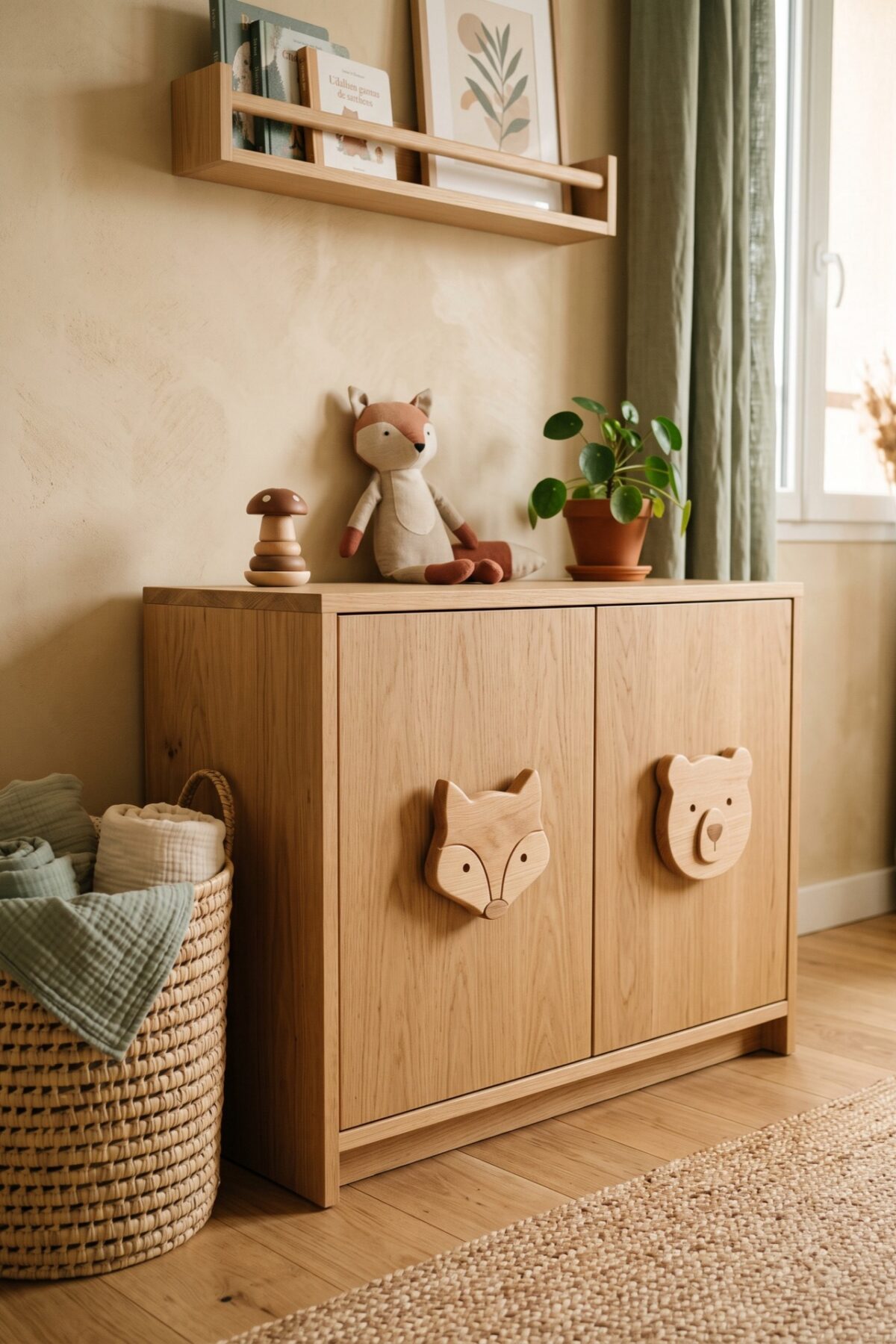 Meuble de rangement d’enfant personnalisé avec des poignées en forme d’animaux