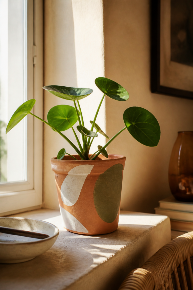 Pot en terre cuite peint à la main avec des formes organiques crème et vert olive, contenant une plante d’intérieur