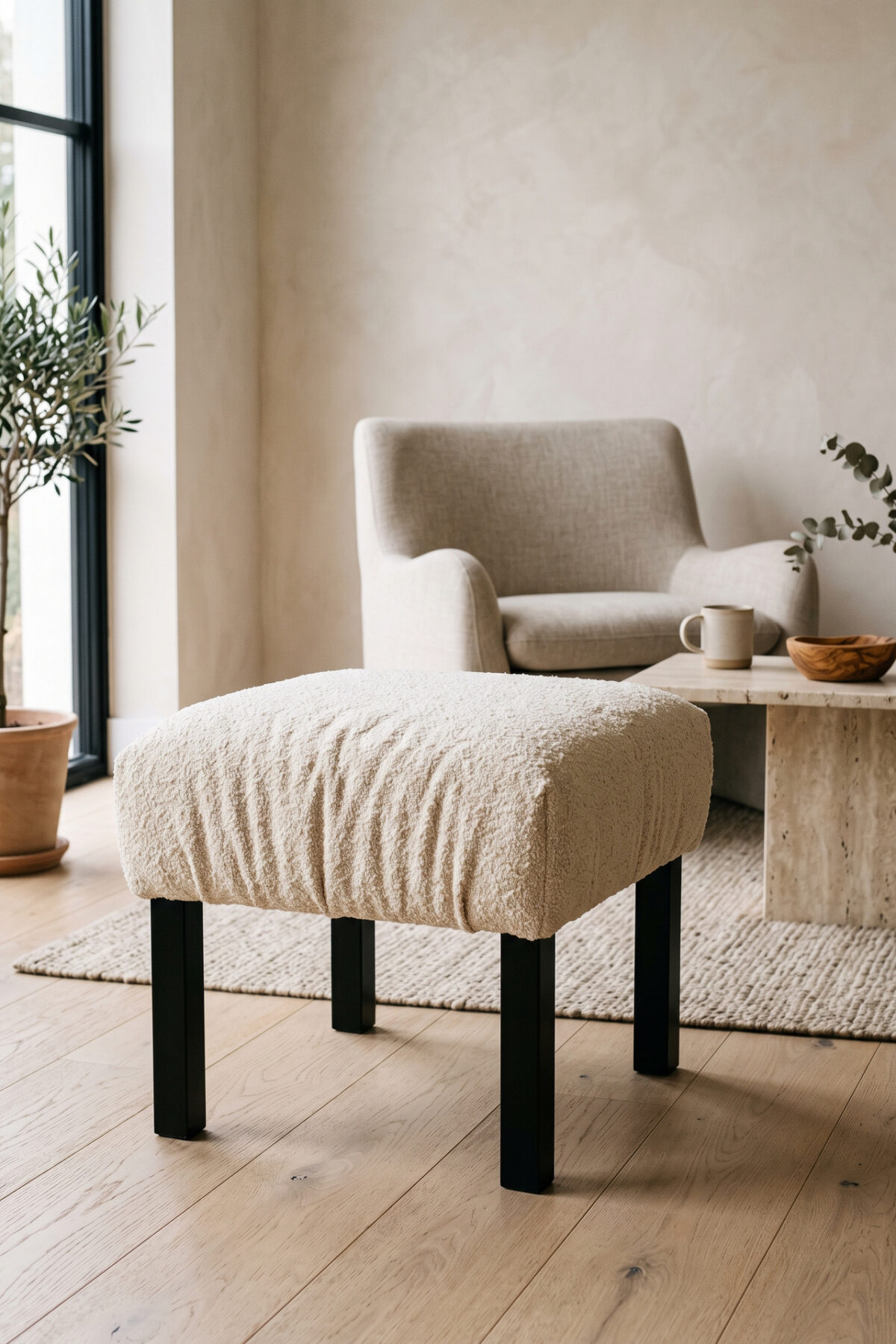 Pouf LACK IKEA recouvert de tissu bouclé écru dans un salon contemporain