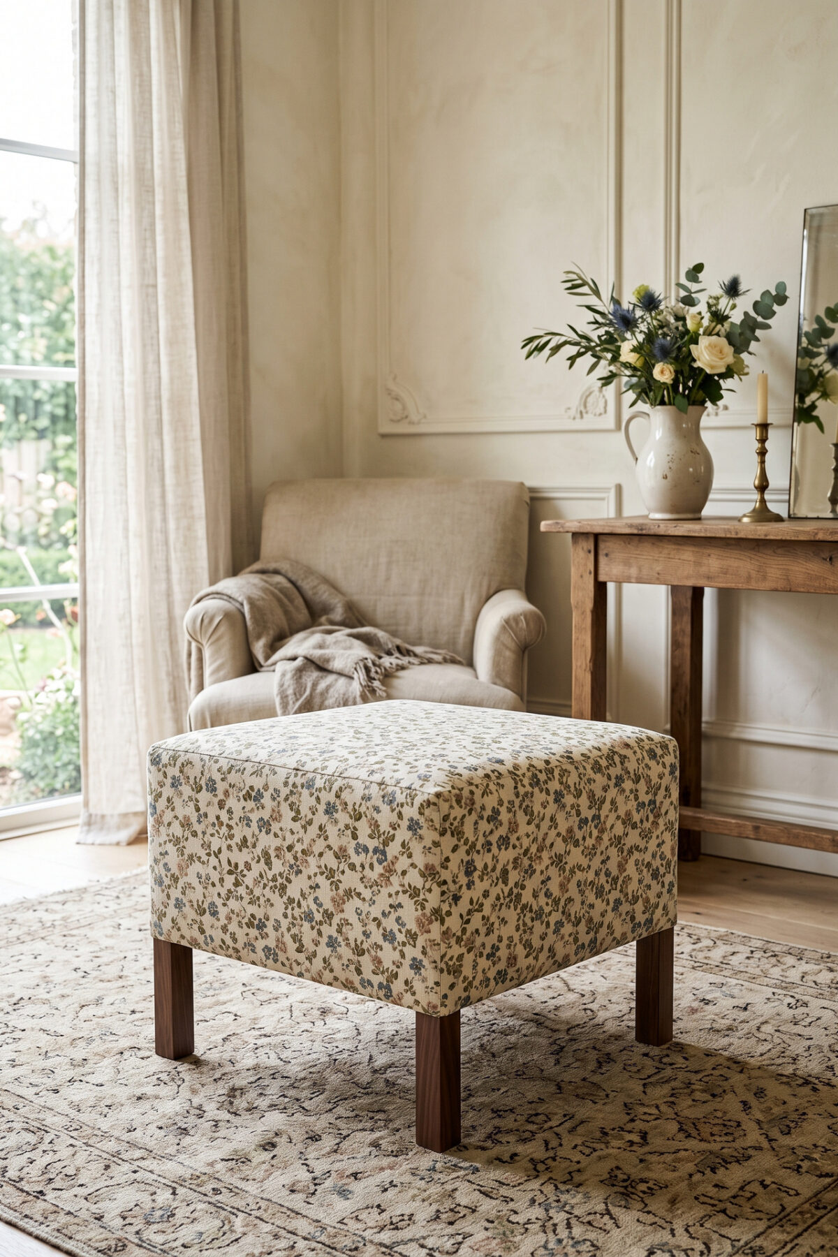 Pouf LACK IKEA recouvert d’un tissu fleuri dans une décoration esprit brocante