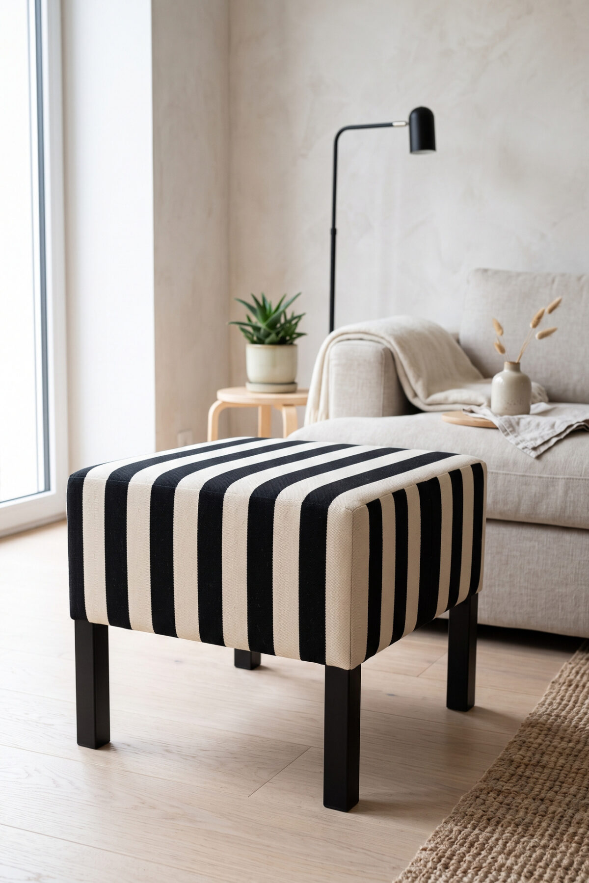 Pouf LACK IKEA recouvert de tissu rayé noir et écru