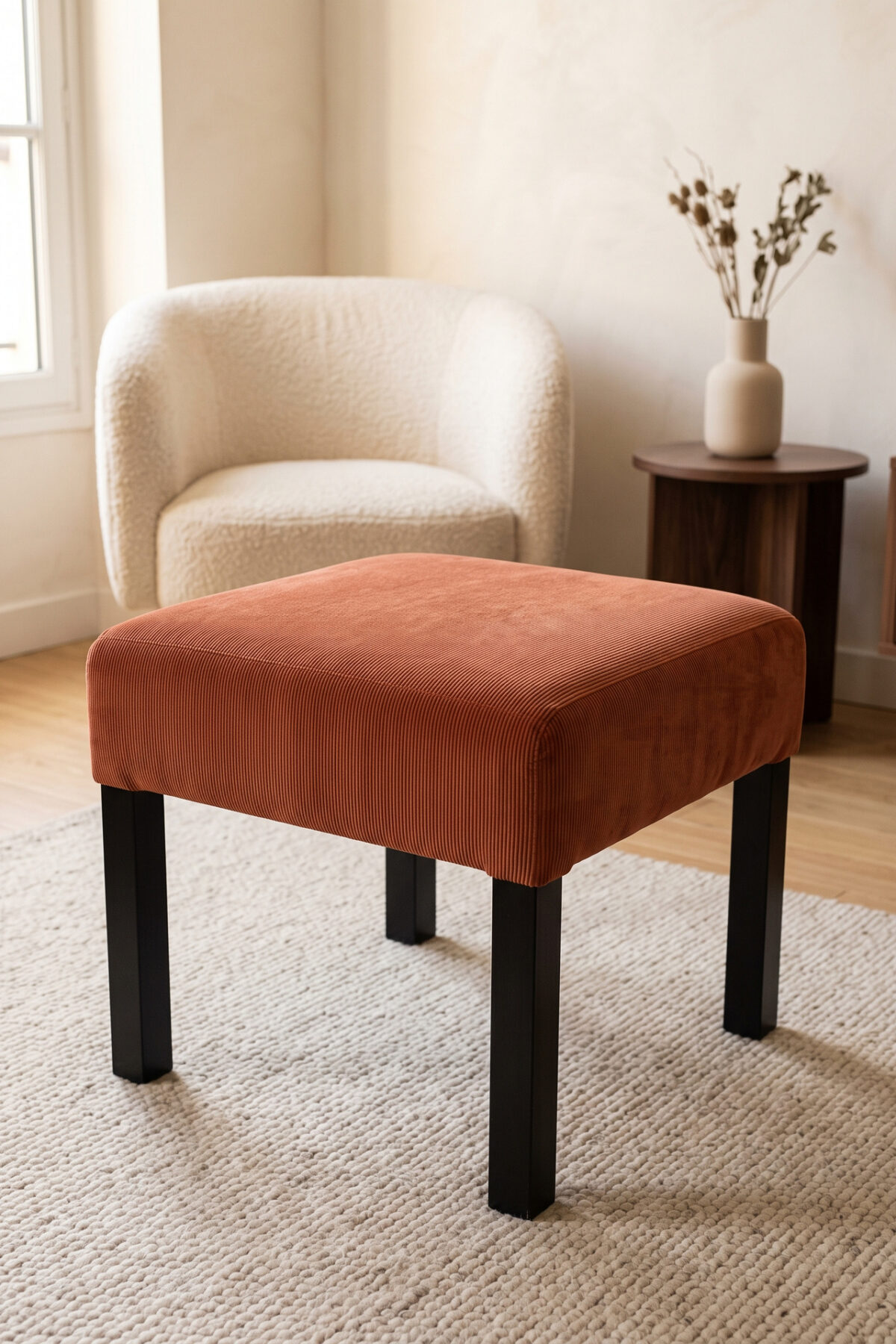 Pouf LACK IKEA en velours côtelé terracotta dans un salon chaleureux