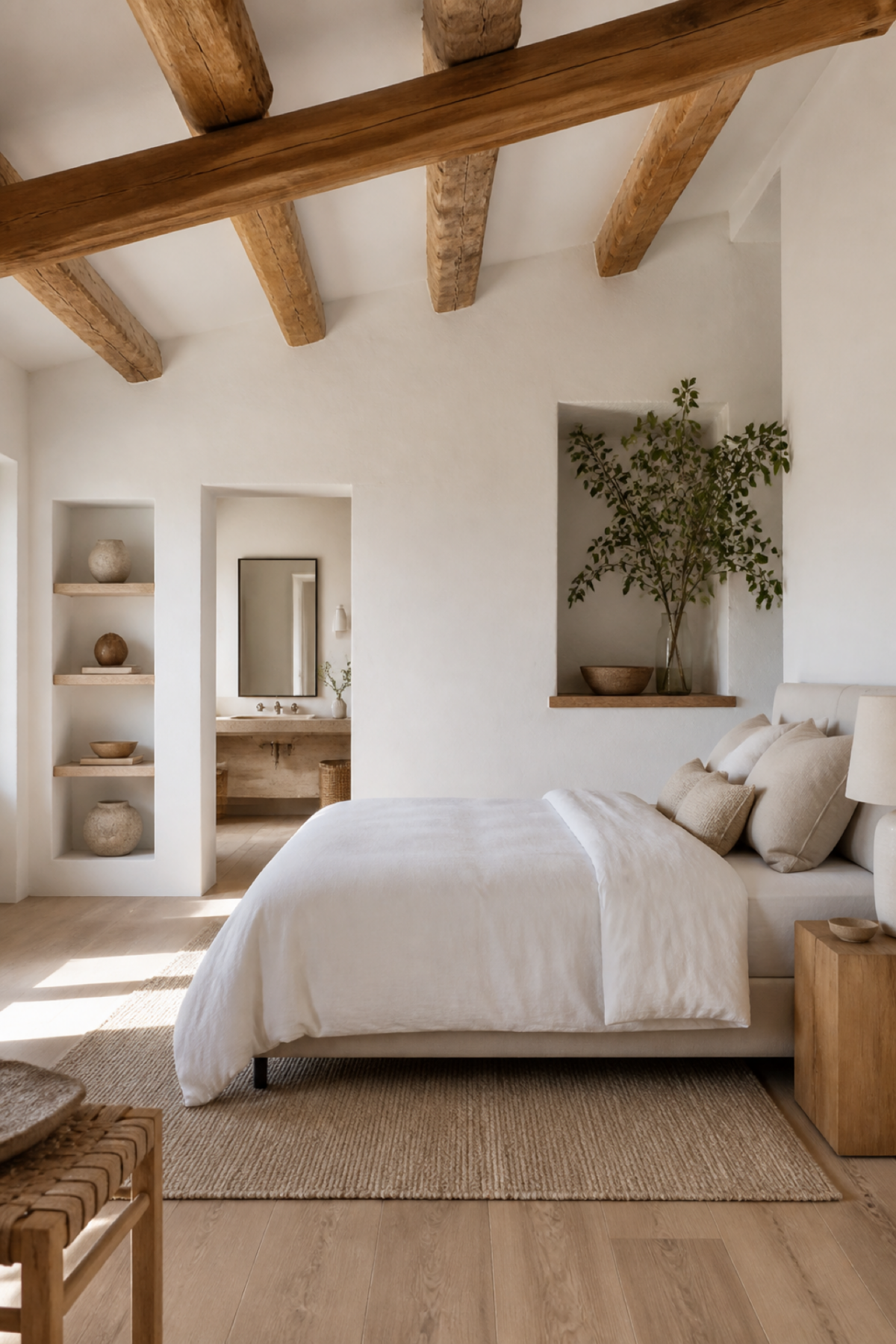 Chambre blanche lumineuse avec poutres apparentes en bois naturel