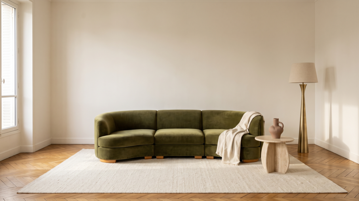Salon contemporain aux teintes automnales, avec canapé vert, tapis clair et lumière naturelle