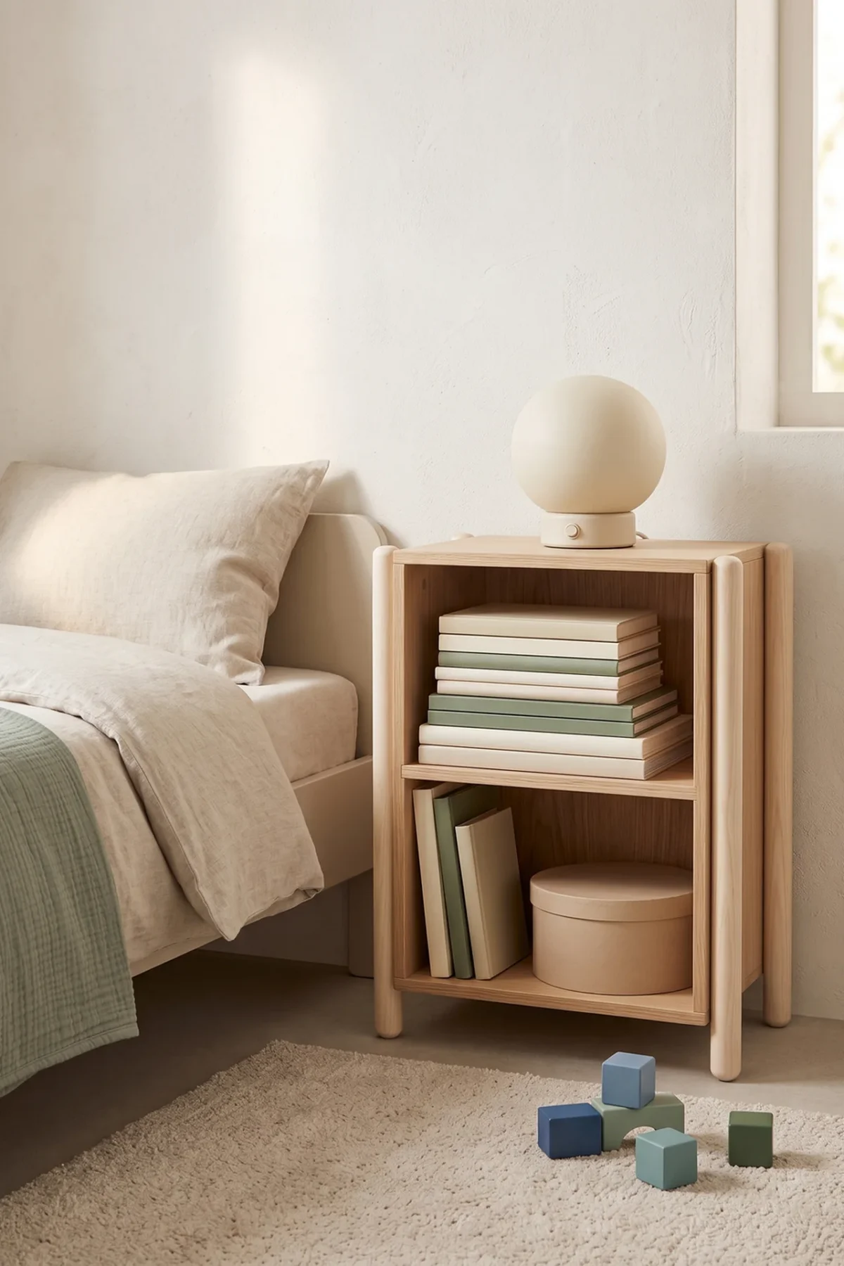 Range-revues IKEA transformé en table de nuit dans une chambre d'enfant