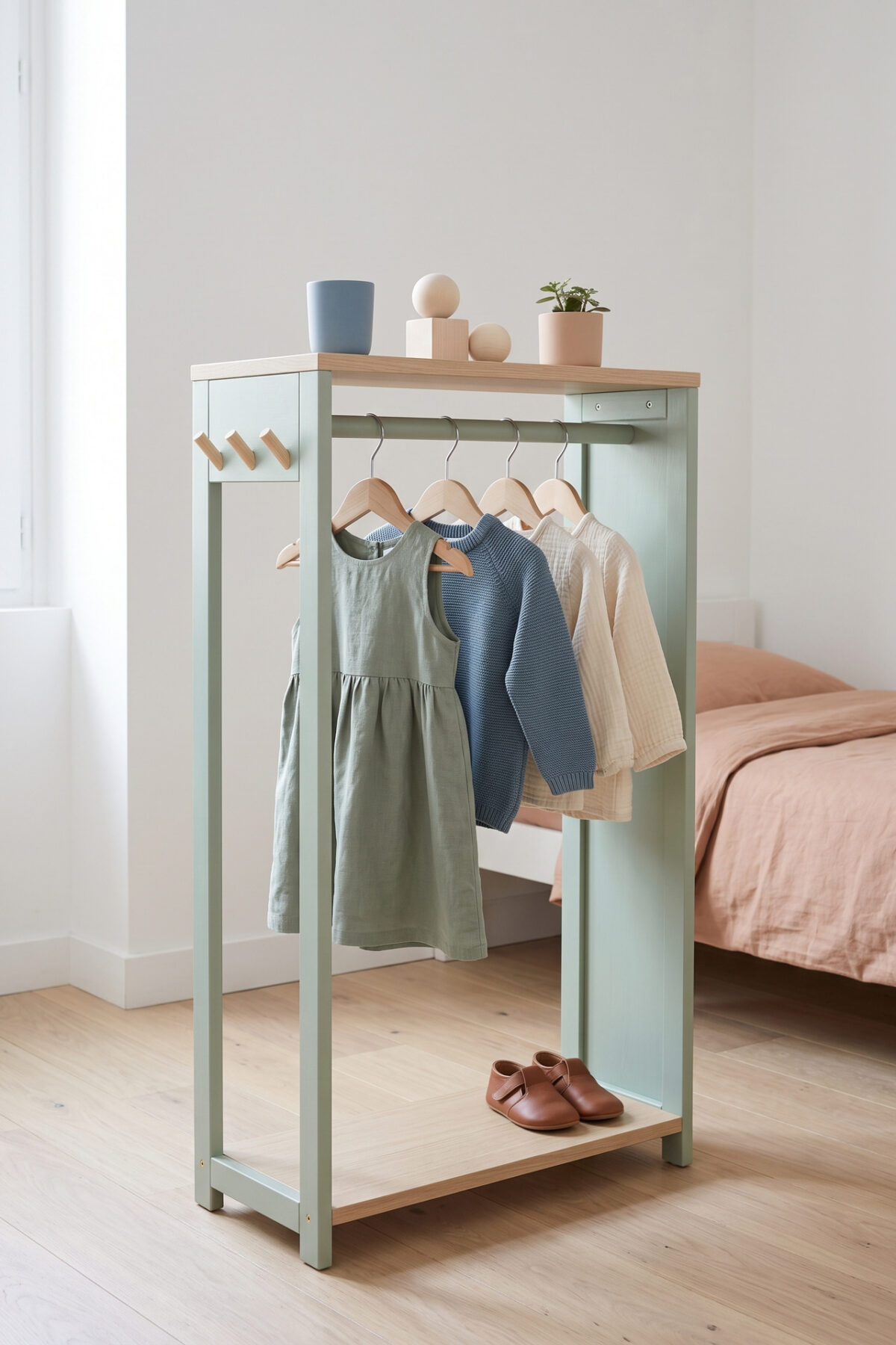 Rangement IKEA avec patères et vêtements enfant dans une chambre