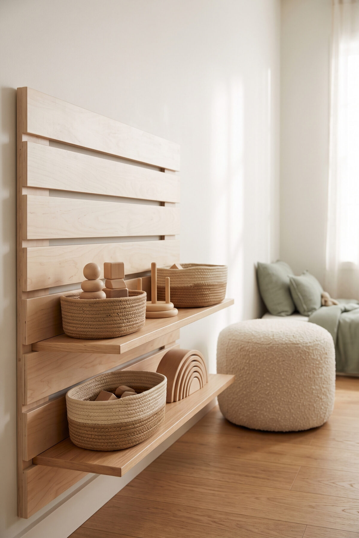 Bacs à jouets installés entre les tasseaux d’une tête de lit IKEA MANDAL