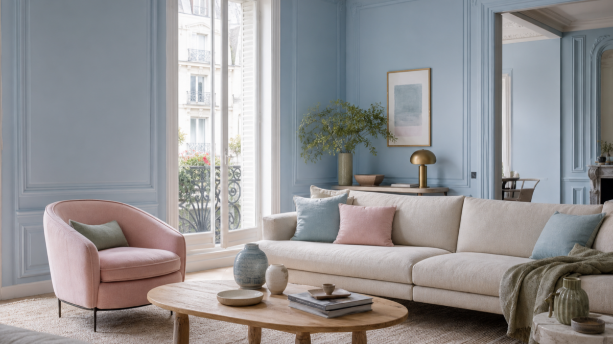 Salon parisien avec mur bleu ciel, fauteuil rose poudré, canapé en lin crème et table basse en bois clair