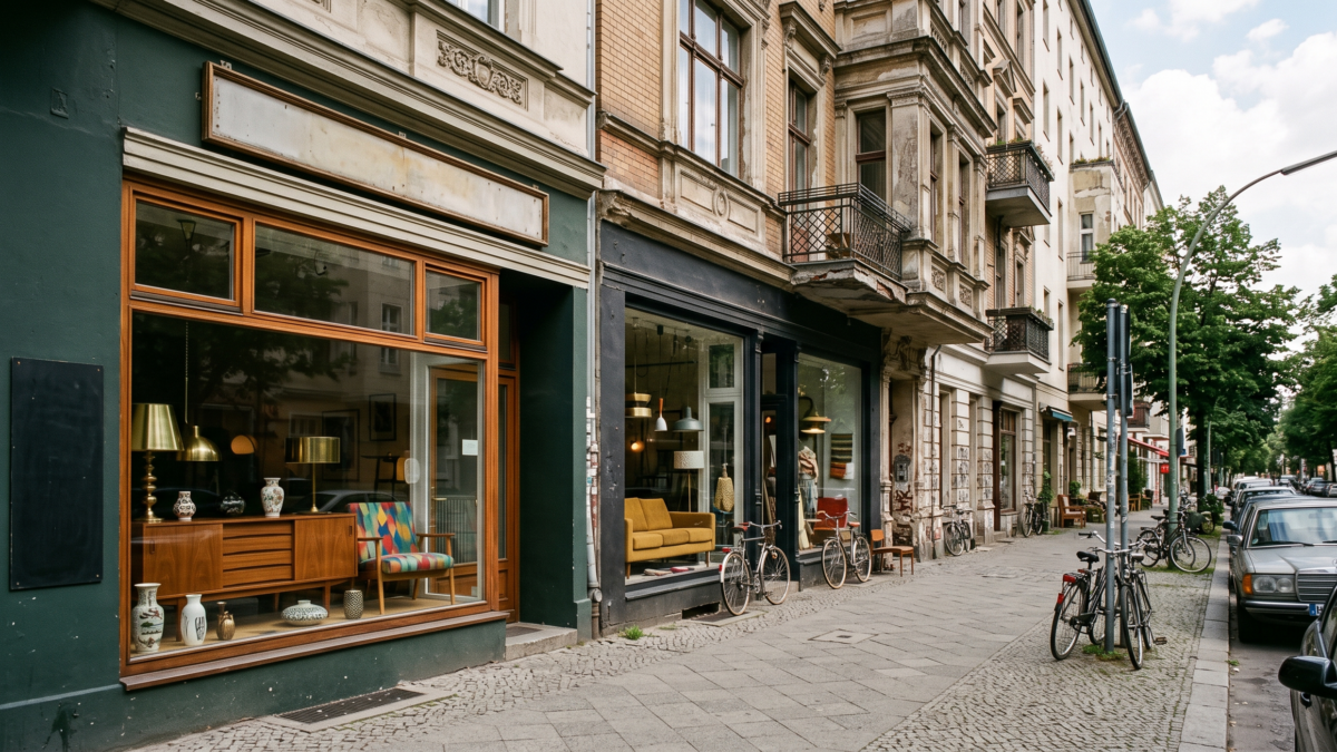 rue de Berlin avec vitrines de boutiques vintage et de design