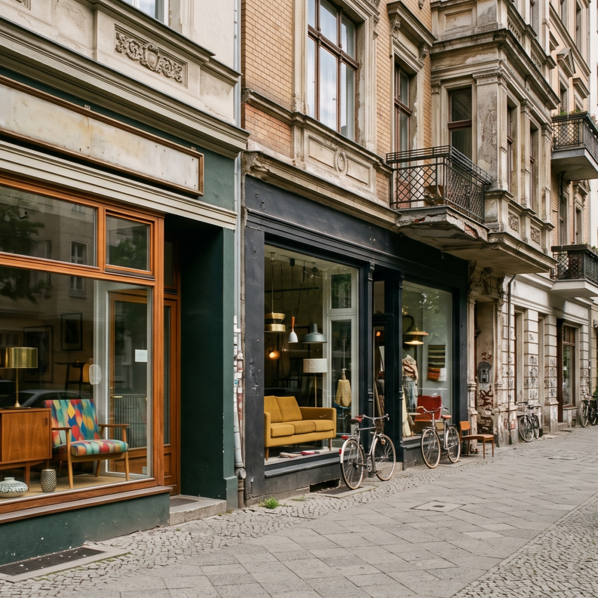 Rue de Berlin avec vitrines de boutiques vintage et de design