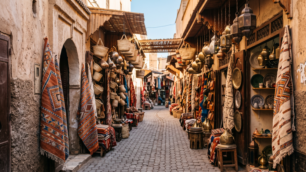 ruelle de la médina de Marrakech bordée de boutiques de décoration artisanale