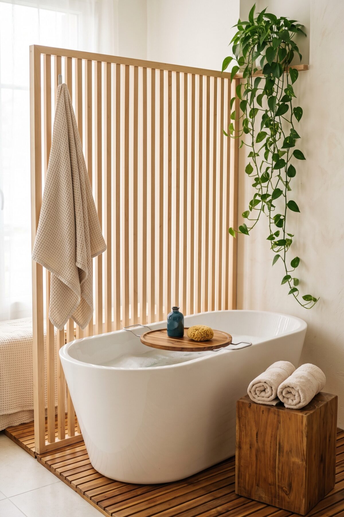 Salle de bain ambiance spa avec baignoire et caillebotis en bois