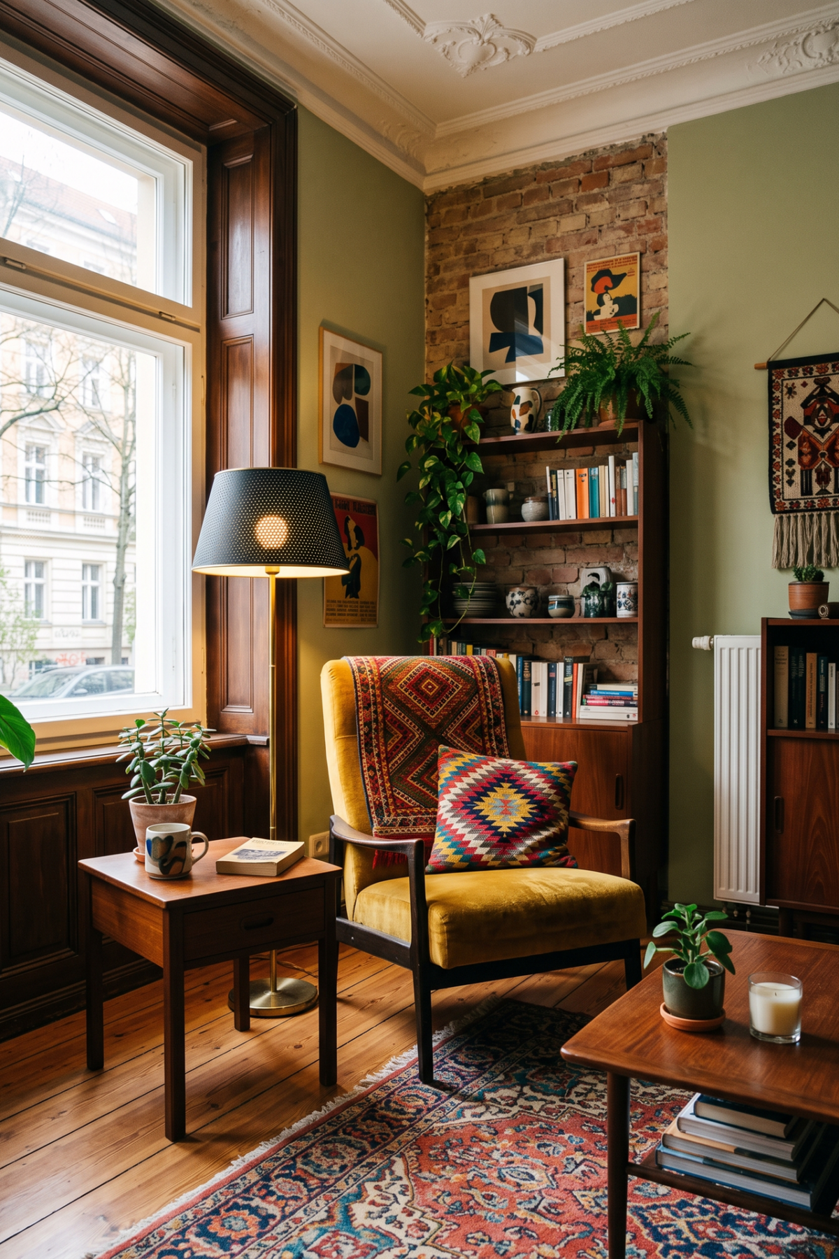 salon berlinois éclectique avec fauteuil des années 1960 et lampe vintage