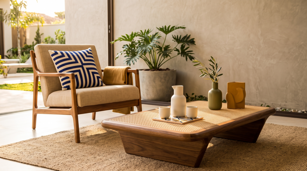Salon contemporain brésilien avec fauteuil et table basse en noyer