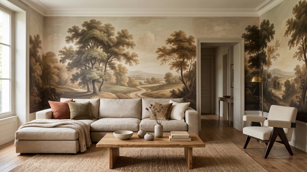 Salon contemporain avec une fresque panoramique murale aux tons sépia et sauge