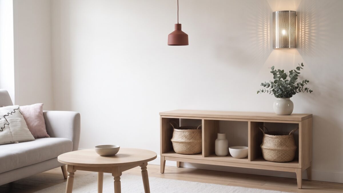 Salon contemporain avec meuble IKEA hacké en console et table basse en bois